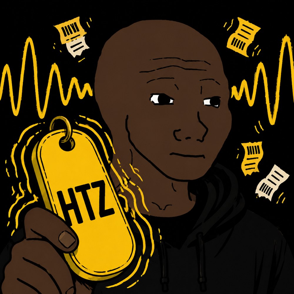 RENTJAK, a wojak holding a glowing yellow HTZ key tag in front of a jagged chart line